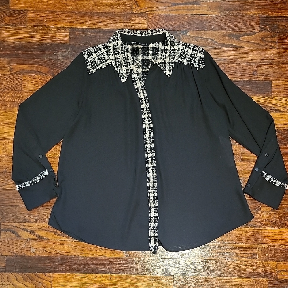 Zara Sheer Black Button Down with Thick Houndstooth Collar Accents Oversized